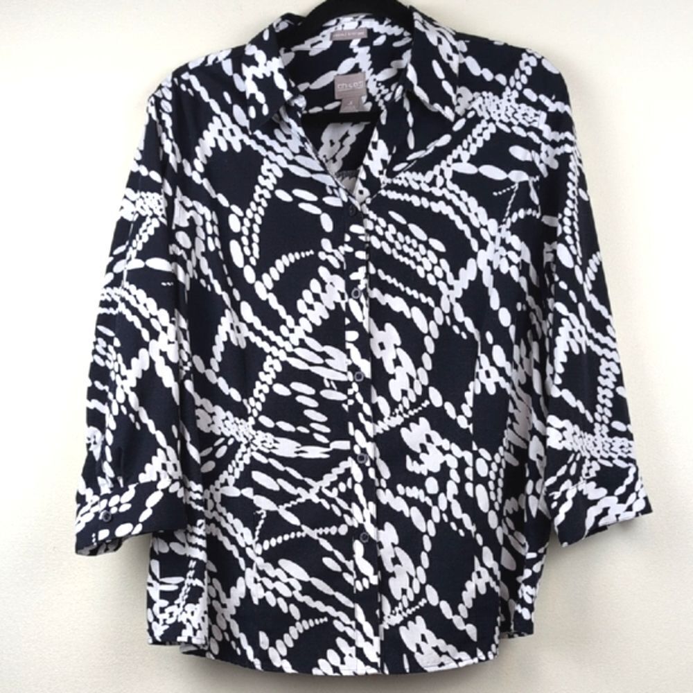 Chico's Navy & White Relaxed Button Down Shirt Top Wrinkle Resistant Size 3 (XL)